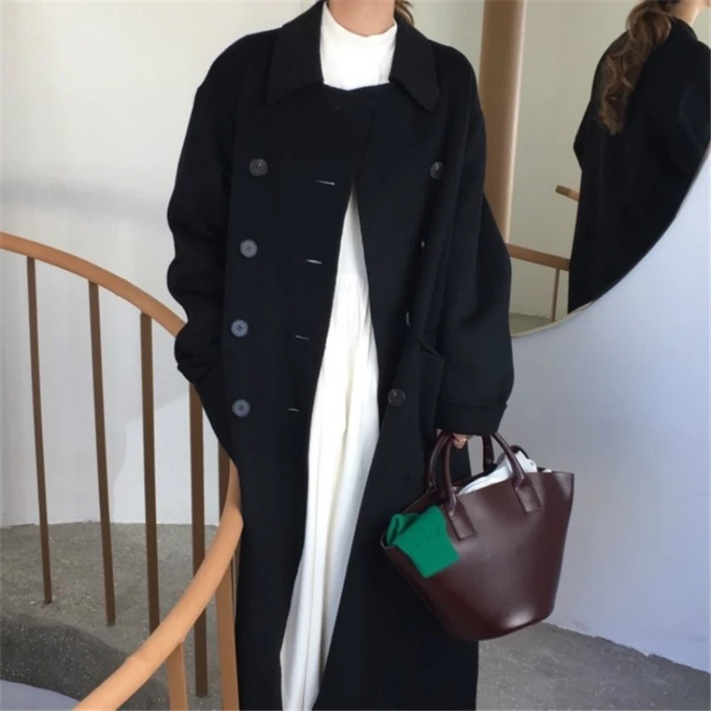

Winter 2019 New Korean Fashion Casual High End Plus Size Loose Double-breasted Black Long Wool Coat Women Warm Woolen Jacket