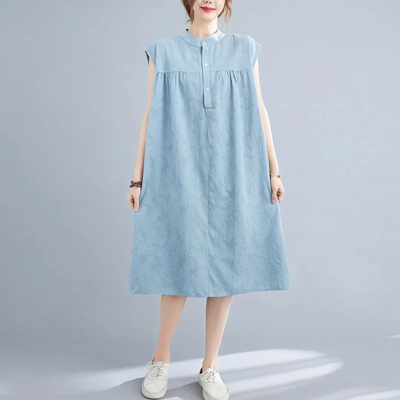 

Women Summer Cotton Linen Casual Dress New Arrival 2021 Vintage Style Stand Collar Solid Color Loose Female Long Dresses B763