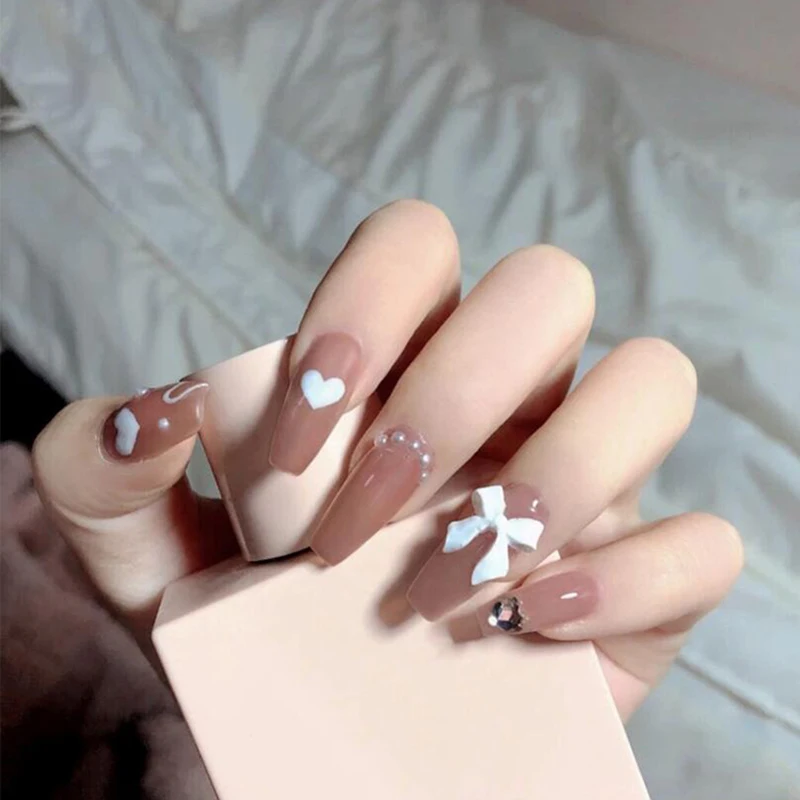 

24 шт. гвозди для гроба, полное покрытие, длинный абзац, белая искусственная Накладка для ногтей в форме сердца, носимая готовая Накладка для ...