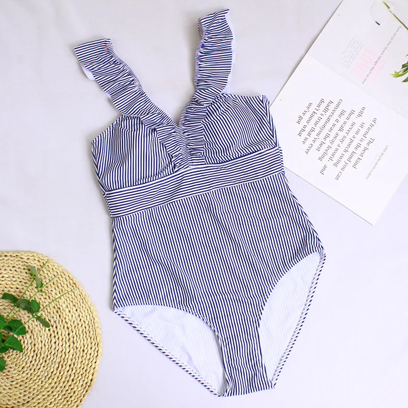 

Sexy Female Retro V Neck Striped Swimsuit One Piece Floral Ruffled Push Up Plus Size Swimwear Women 2019 Bathing Suit Monokini