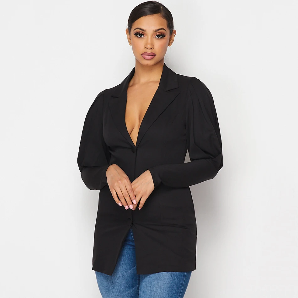 2021 New Women Fashion Sexy Blue Black White V-neck Long Sleeve Puff Single Breasted Pocket Decorative Coat | Женская одежда