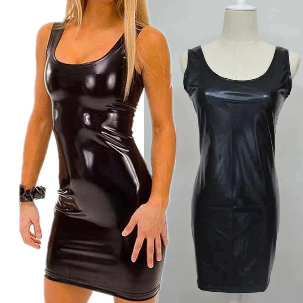 Модное женское платье без рукавов виниловое облегающее сексуальное Клубное из
