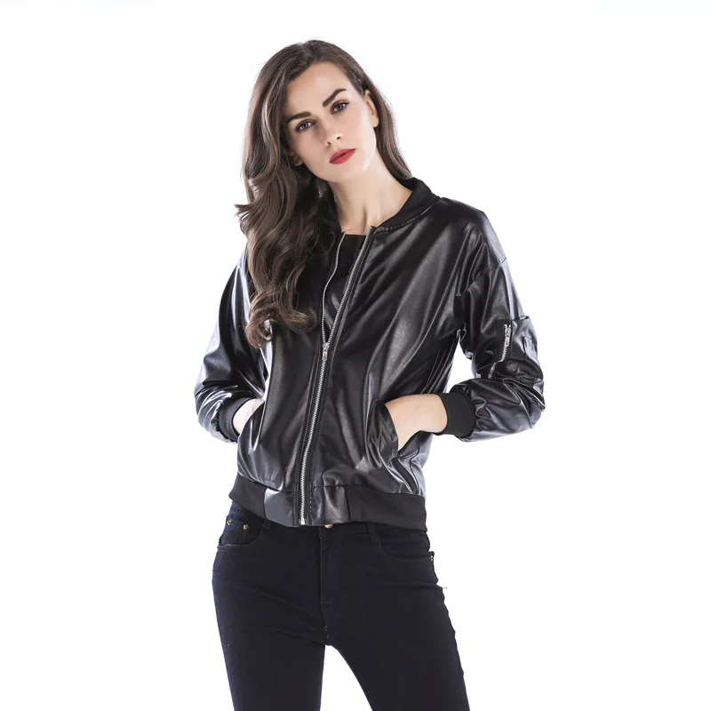

Hot Sale 2020 Autumn and Winter Zipper Stand Collar Black Coat Women Pu Leather Jacket Pockets Faux Leather Jackets Womens