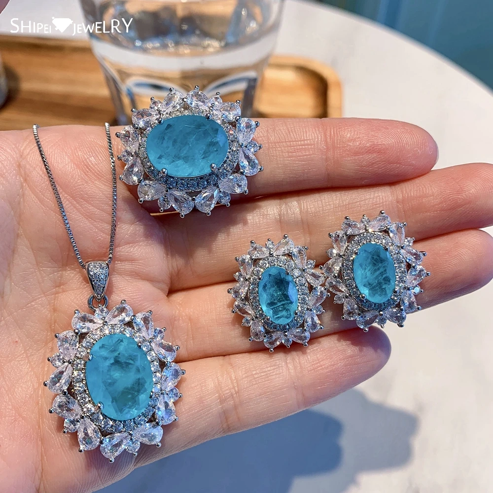 

Shipei 925 Sterling Silver Oval Cut Paraiba Tourmaline Created Moissanite Earrings/Pendant/Necklace/Ring Hyperbole Jewelry Set