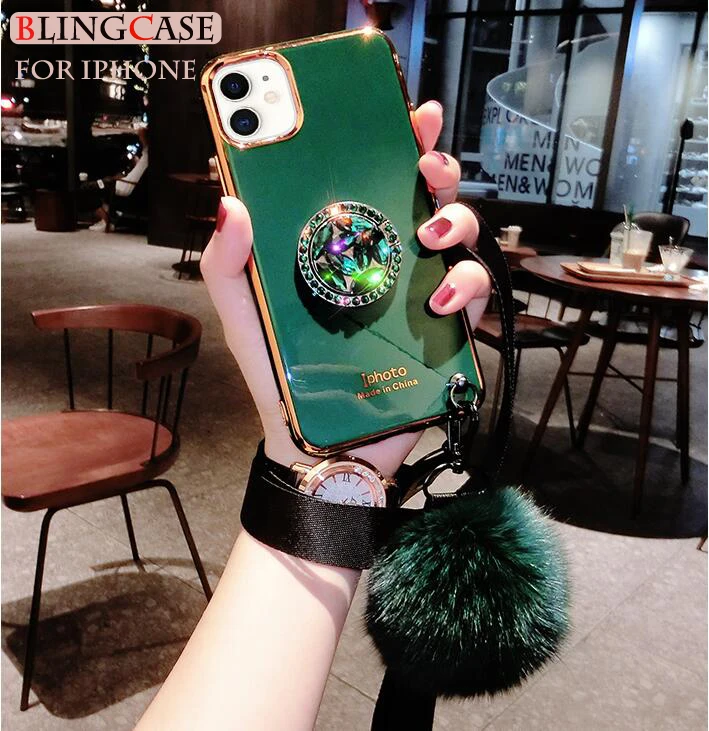 Красивый меховой шар чехол для телефона iPhone X XS 11 Pro Max XR 6 6S 7 8 Plus Алмазный с кольцом