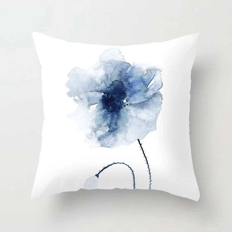 

4PCS Nordic Style Ink Blue Flower Abstract Concise Print Pillowcase Peach Skin Velvet Throw Pillows Cover 45X45cm