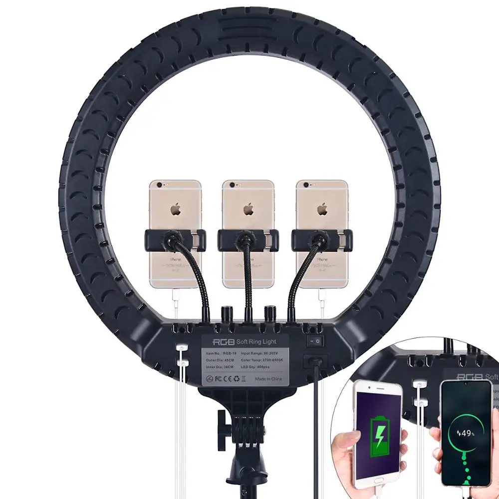 Светодиодная кольцесветильник лампа FOSOTO 2700-6500K 18 дюймов со штативом и USB-портом |