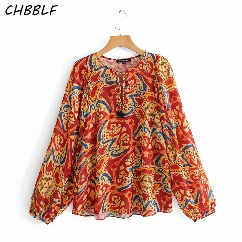 CHBBLF Женская негабаритная блузка с принтом и длинным рукавом Женские