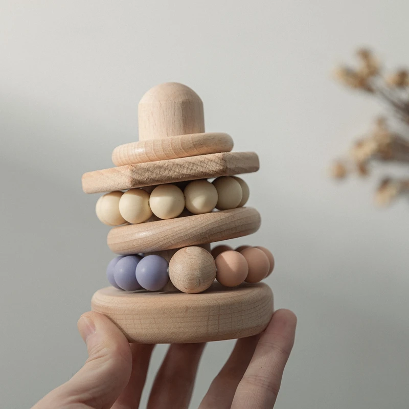 

Baby Montessori Toy Wooden Building Jenga Blocks Silicone Teether Ring Intelligence Development Toys Educational Jenga Game