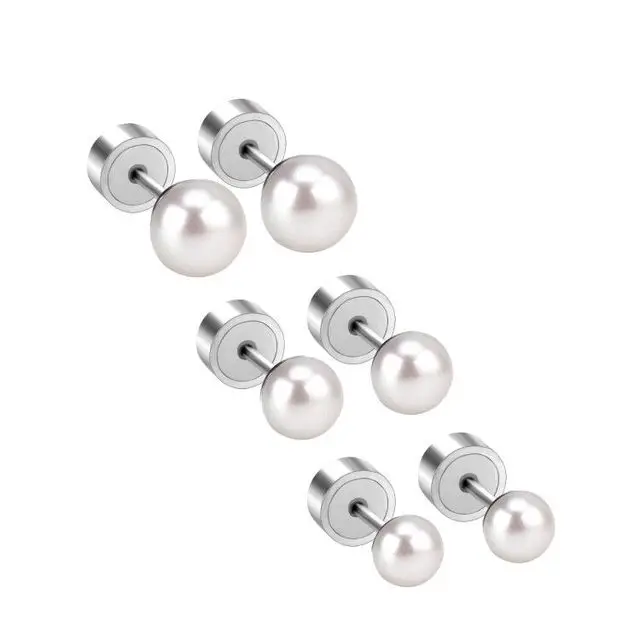 

LUXUSTEEL 3Pairs/Sets Silver Color Imitation Pearl Stud Earrings 2021 Stainless Steel No Fade Plus Back Earring Fashion Jewelry