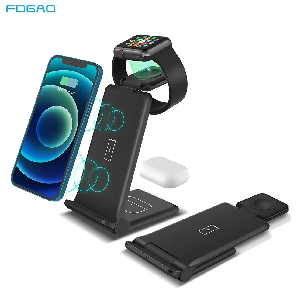 

15W Qi Wireless Charger Stand for iPhone 13 12 11 XS XR X 8 Apple Watch 7 6 5 Airpods Pro 3 in 1 Induction Fast Charging Station