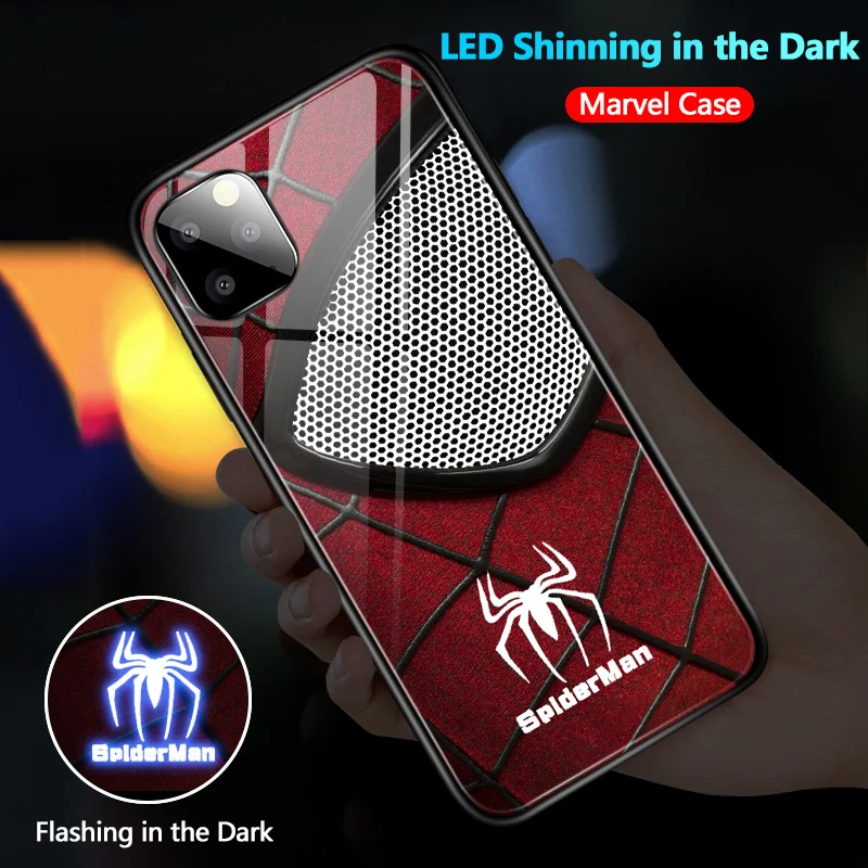 Spiderman 1 Для iPhone 6 7 8 Plus X XR XS Max 11 Pro светодиодный мигающий чехол Marvel Мстители Железный человек паук Veno закаленное стекло - Цвет: Spiderman 1