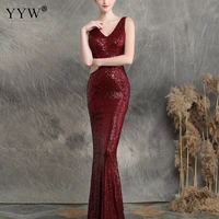 red sequins evening long party dress women v neck sleeveless mermaid dress fashion 2020 sexy robe de soiree elegant formal gowns