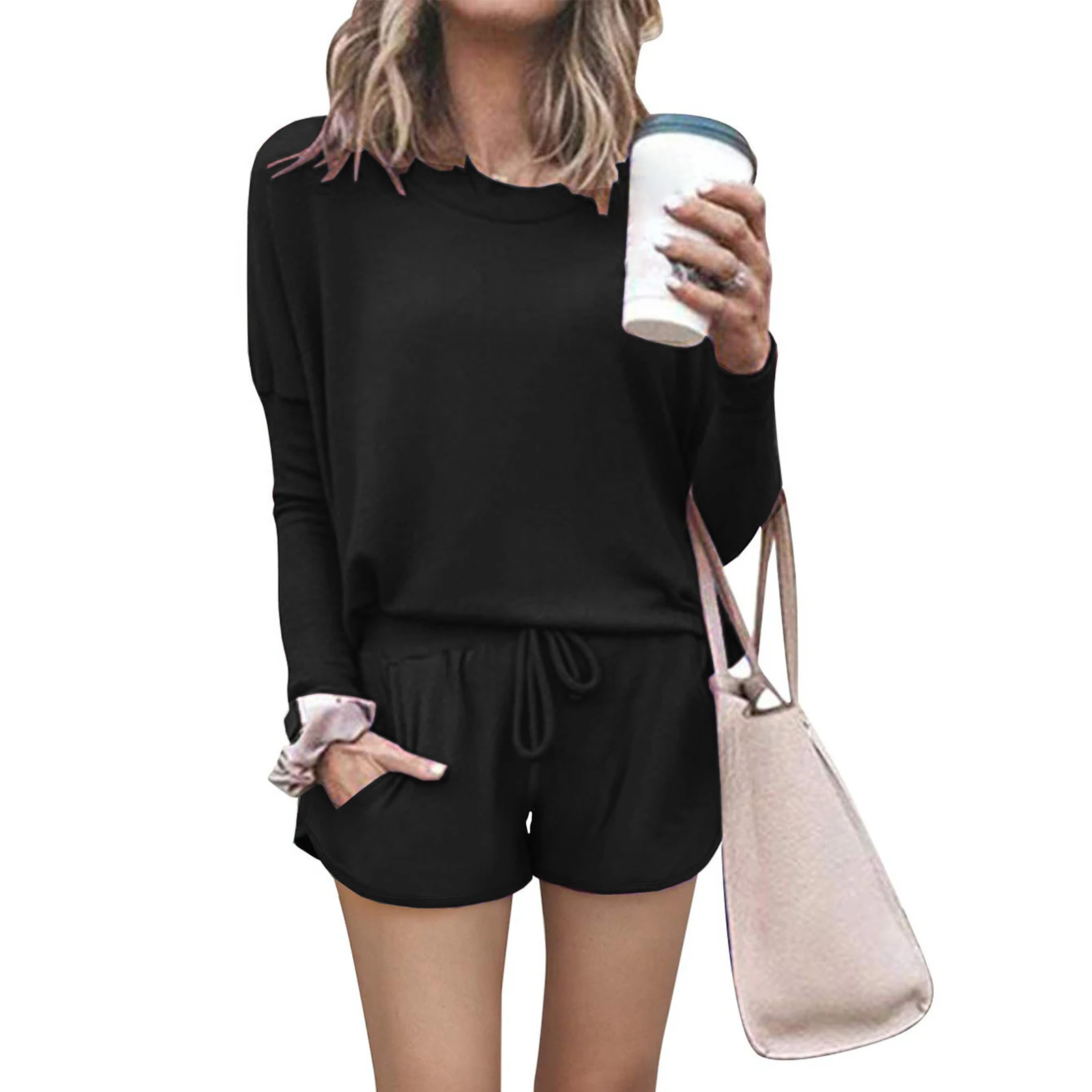 

Uefezo Women Set Summer Solid Long Sleeve Top Shirt Loose And Biker Shorts Casual Two Piece Set Streetwear Outfits Tracksuits