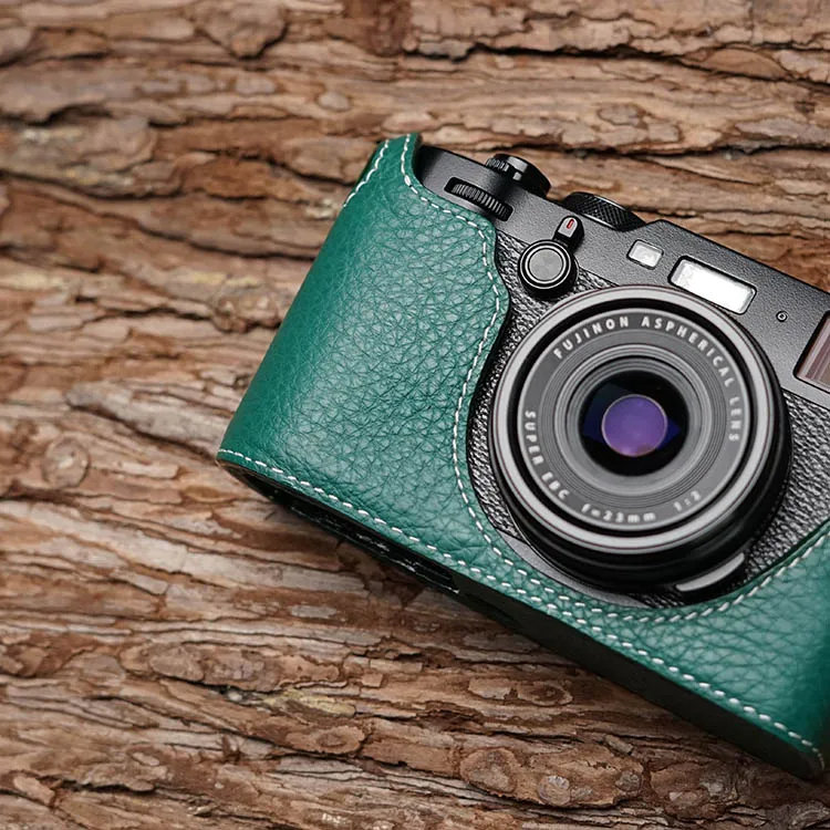 Чехол для камеры ручной работы из натуральной кожи для FujiFilm X100F Fuji x100f X100-F, наполовину сумка для камеры, крышка для открытой батареи - Цвет: Green white line