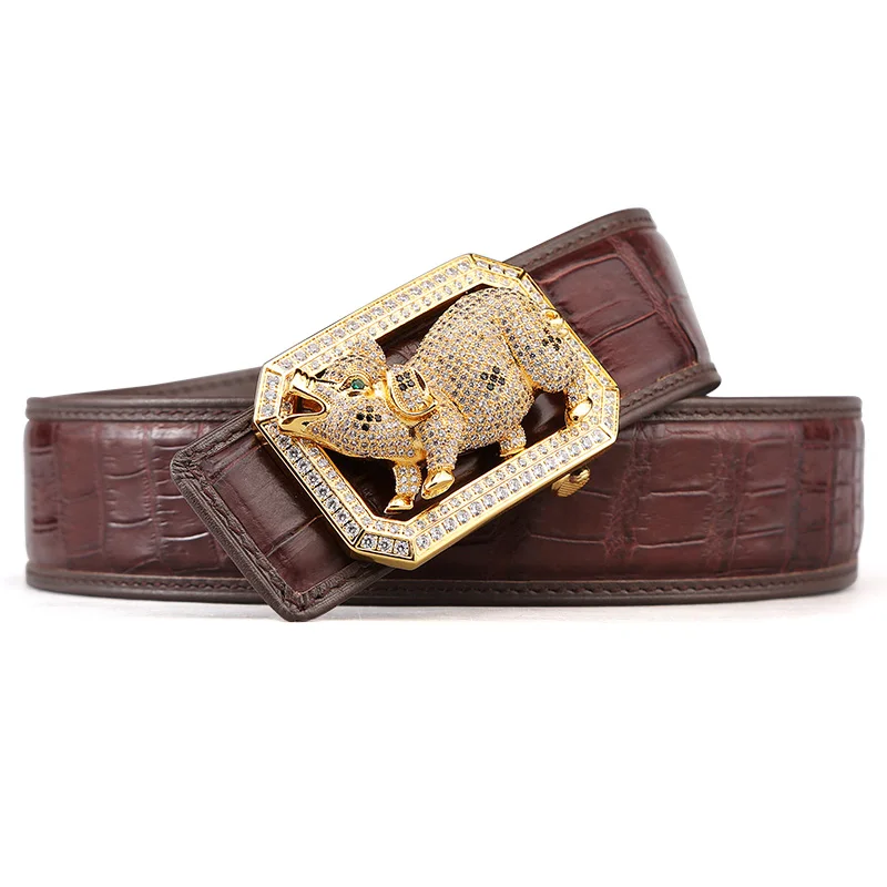 pig brown McParko Crocodile Belt Mens Leather Belts With Buckle Luxury Animal Design Genuine Leather Waist Belt with rhinestones Buckle - Цвет: pig brown