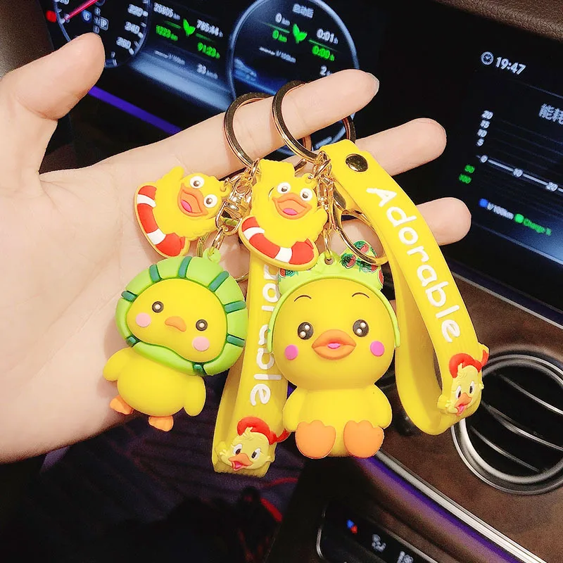 

2021 New Cartoon Duck Keychian Small Yellow Bowknot Key Chains Happy Charm Girl Children Bag Pendant Keyring