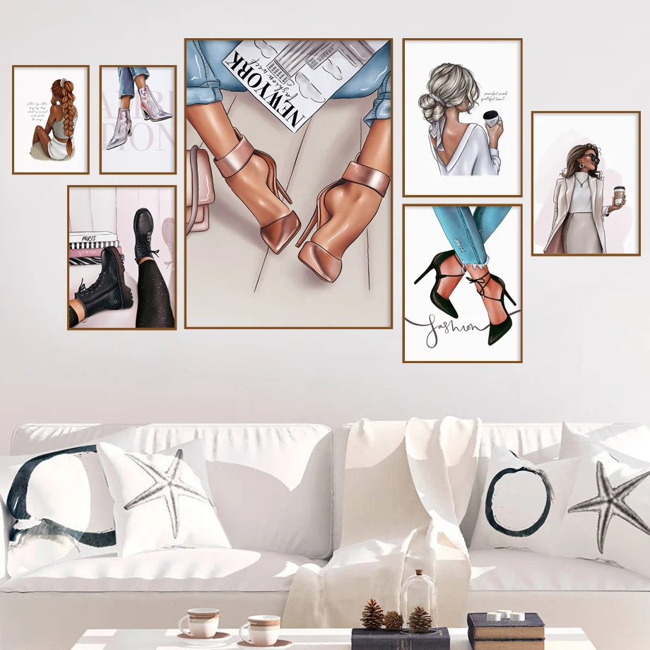 Картина на холсте с изображением девушки кофе высоких каблуках | Дом и сад