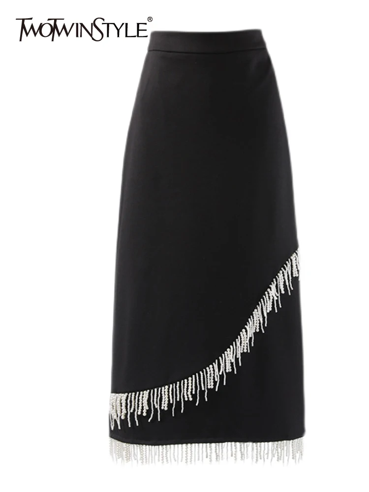 

TWOTWINSTYLE Patchwork Tassel Asymmetrical Temperament Skirt Female Gathered Waist Minimalist Skirts For Women Autumn Style 2021