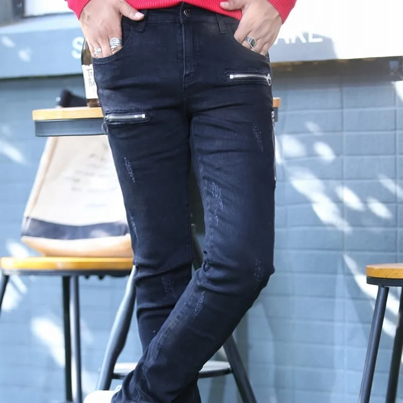 

Fashion New Personality Zippers Ripped Mens Full Length Trousers Punk Style Black Slim Fit Casual Male Pencil Pants Streetwear