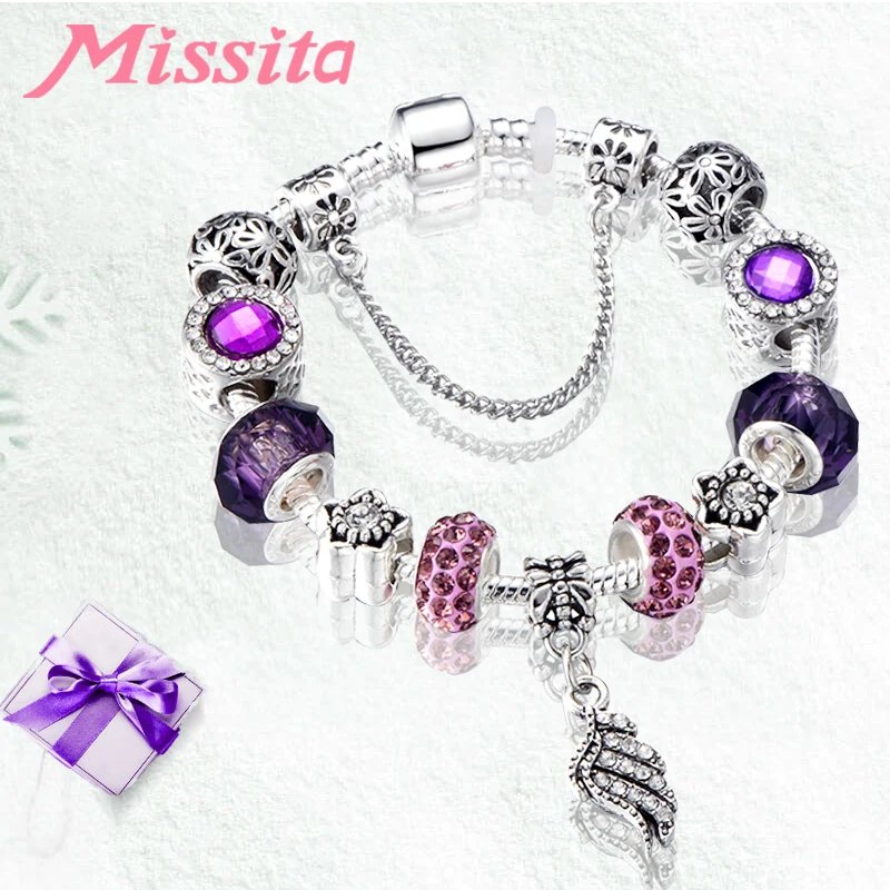 

MISSITA Original Vintage Purple Crystal Beads Bracelet with Wings Charms Brand Bracelets for Women Anniversary Jewelry Gift