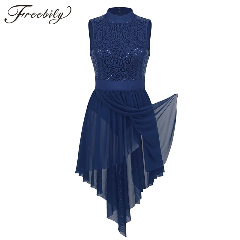

Women Adult Halter Sleeveless Shiny Sequins Gymnastics Leotards Female Tutu Ballet Figure Skating Dress Lyrical Dance Costumes