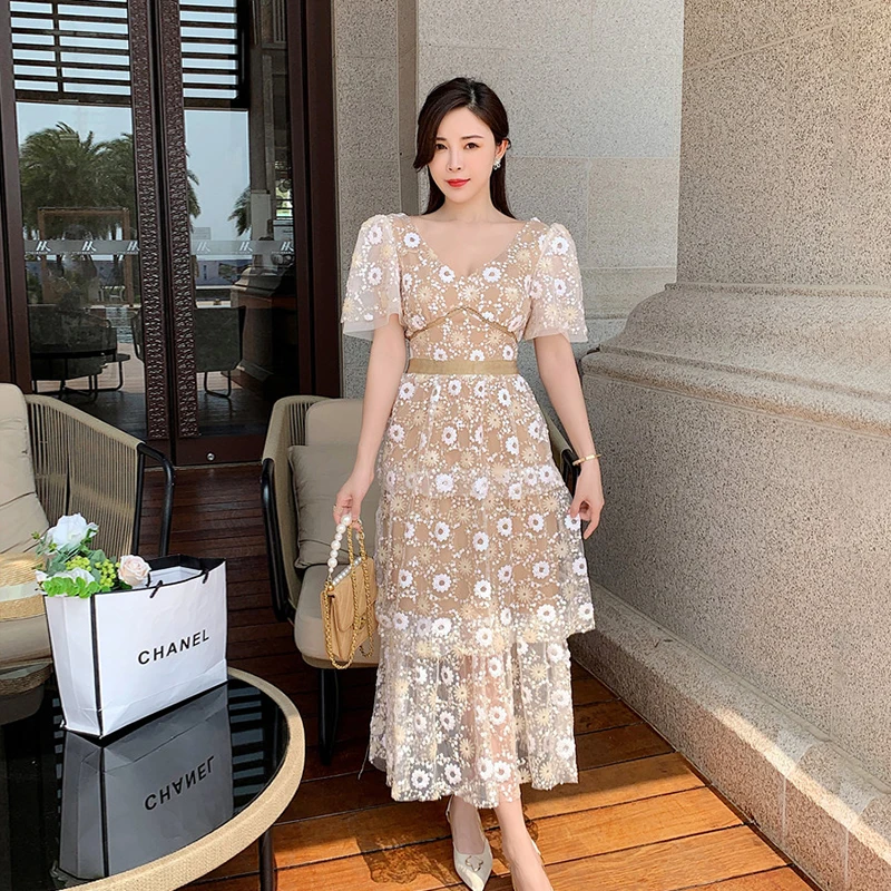 

INS Sexy V Neck Backless Summer Dress Female Floral Circle Sequin Gauze Embroidered Short Sleeve Holiday Long Party Dress Ladies