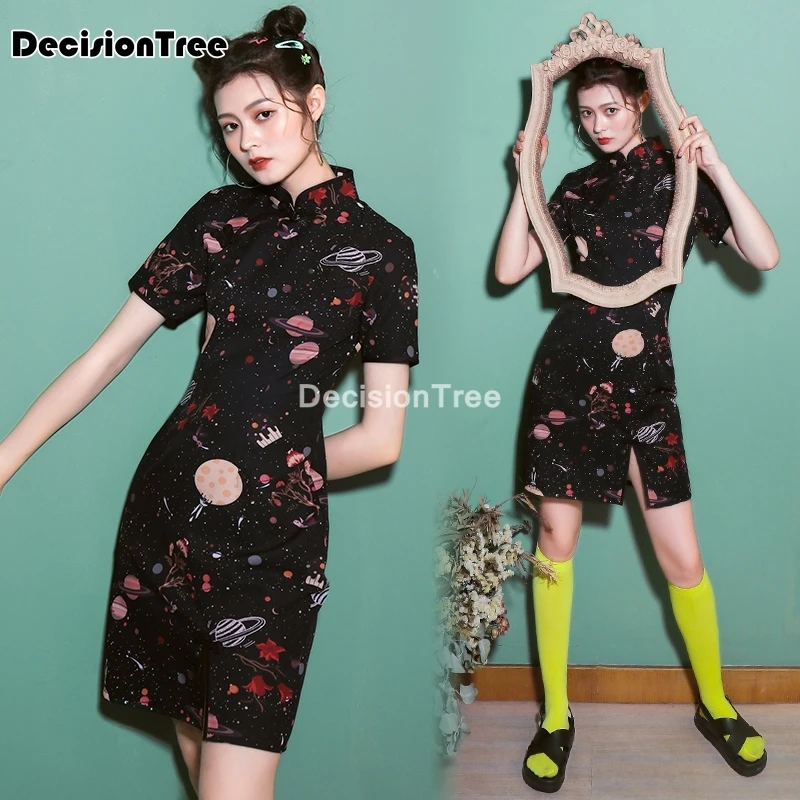 2021 women chinese dress morden improved cheongsam satin printing retro daily party split qipao for female | Тематическая одежда и