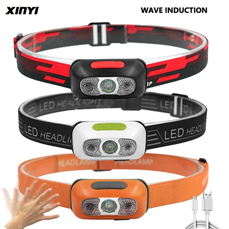 

Светодиодный головной фонарь с датчиком движения тела, миниатюрный Головной фонарь 6000 лм с зарядкой от USB, 4 лампочки для кемпинга