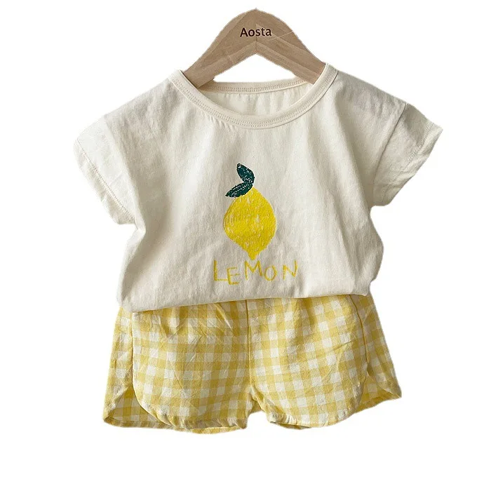 

Korean 2021summer New Children's Suit Baby Girls Short Sleeve Loose Leisure Printing T Shirts and Shorts Two Piece Sets