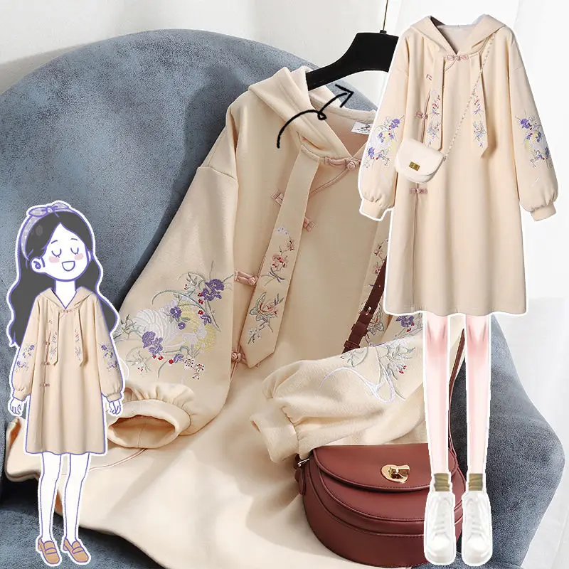 

Plus Size Women's Spring New Embroidery Hooded Sweatshirt Chinese Style Dress Thinn Mid-length Dress Women Cheongsam Vestidos