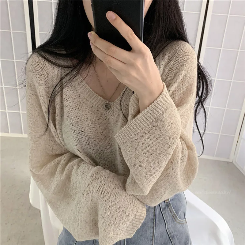 

Women Sweaters&Jumpers Blue Long Sleeves Sweater Lazy Wind Top Summer Autumn Pullovers Loose Thin V-neck Hollow Sunscreen Tops
