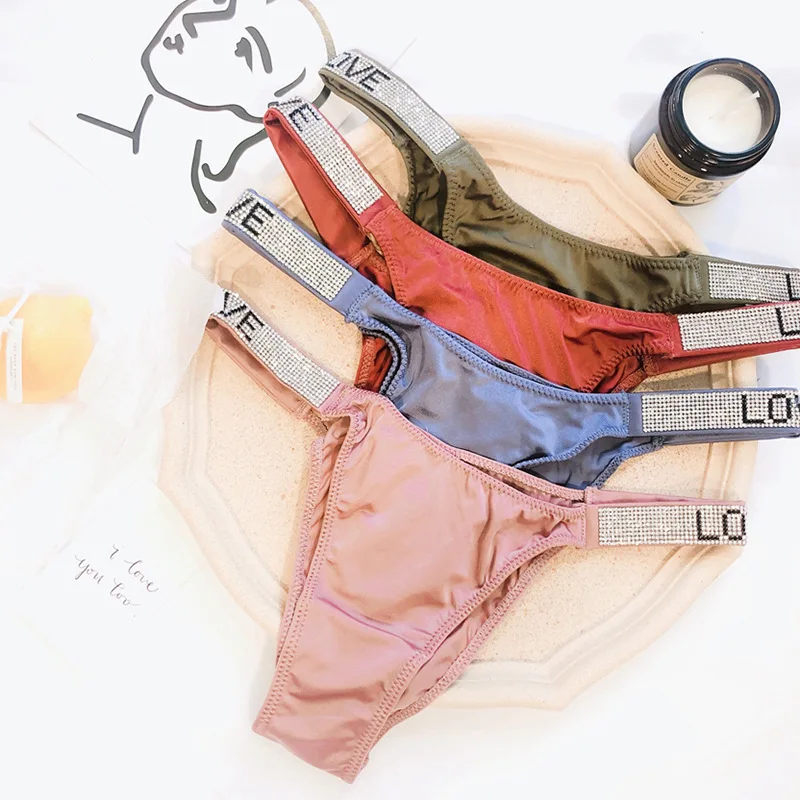 

Lomonling Women's Underwear Sexy Half-pack Hip Seamless Thong Ice Silk Sexy Briefs Women's Underwear Rhinestone Letters Inlaid