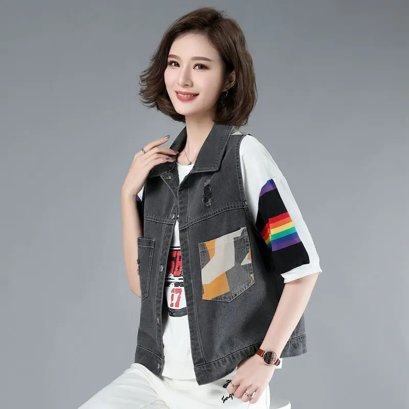 Женский джинсовый жилет с отворотами без рукавов в ковбойском - Цена: 1962.2