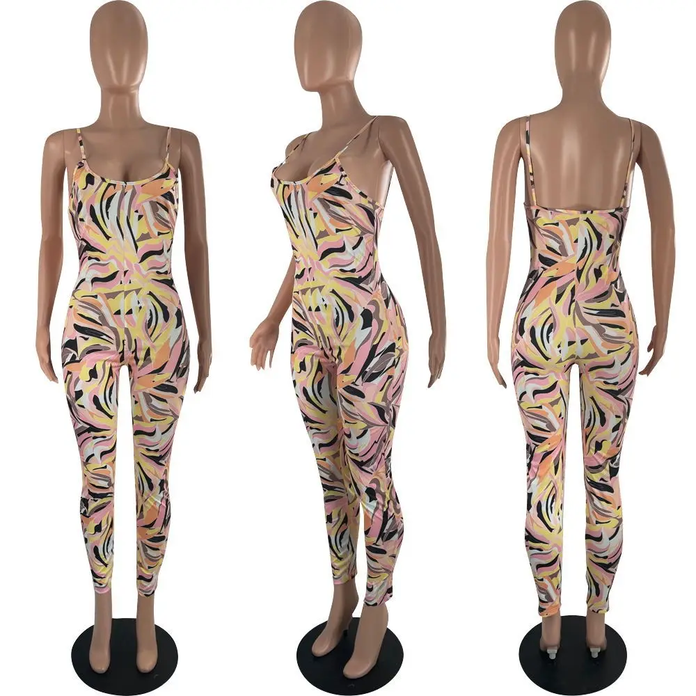 

2021 hot women's fashion sexy printed suspender jumpsuit