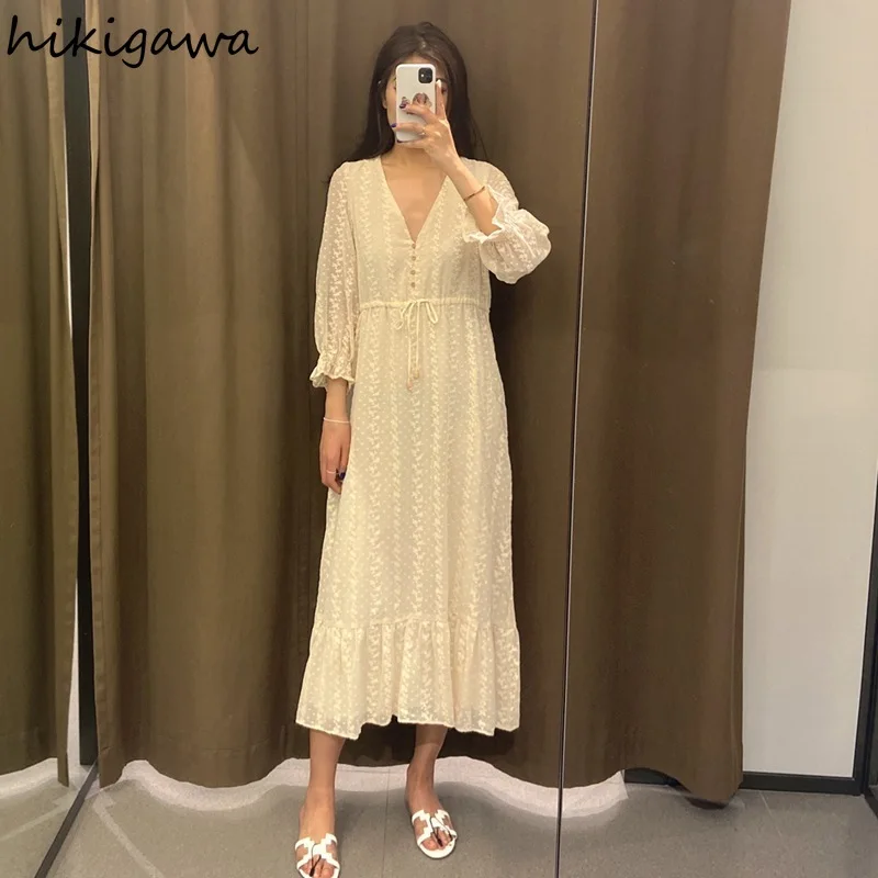 

Hikigawa Dress Fashion Preppy Style V Neck Long Sleeve Drawstring Verstidos Solid High Waist Slim Elegant Patchwork Dresses
