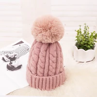 fashion warm knitted womens hat striped winter hats for women pink fur pompom wool beanies thick skullies cap faux pom pom hat