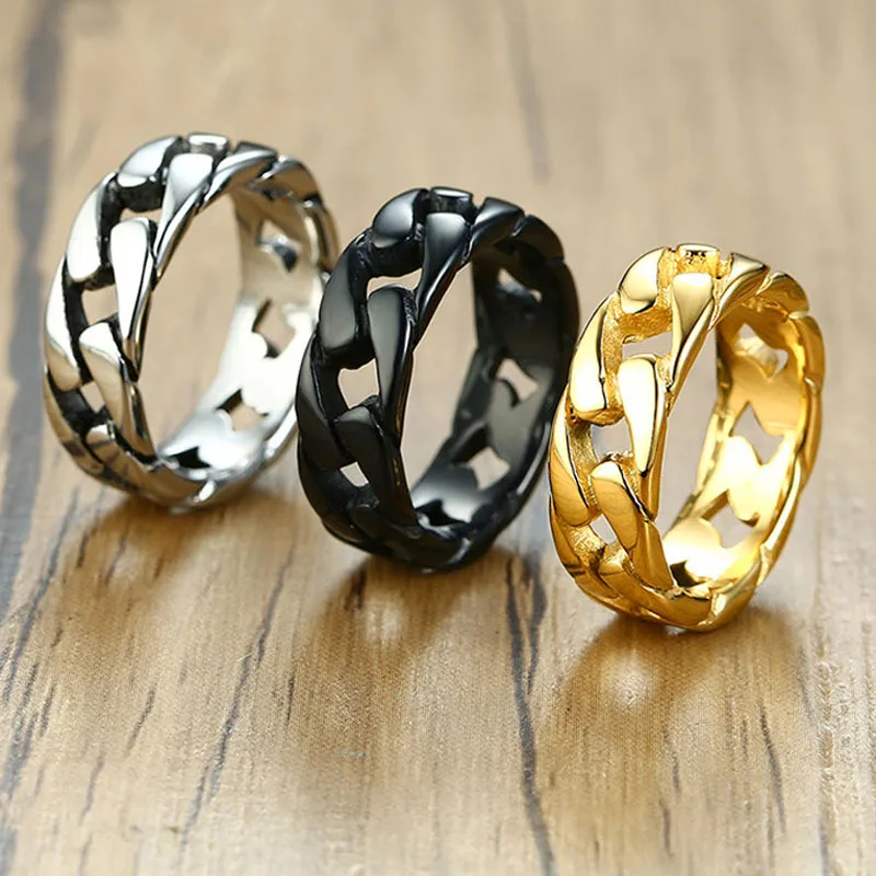 Мужское кольцо из кубинской цепи золотого/черного/серебряного цвета нержавеющей