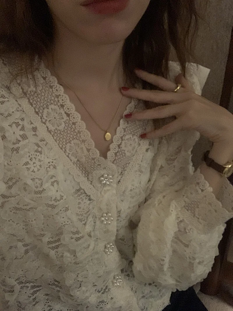 Женская кружевная блузка элегантная винтажная рубашка с длинным рукавом и