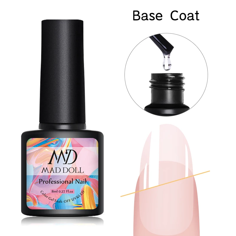 Base Coat 2 бутылки 8 мл MAD DOLL УФ-гель для ногтей чистый цвет и Блестящие Блестки долговечный впитывающий Гель-лак для нейл-арта - Цвет: Base Coat