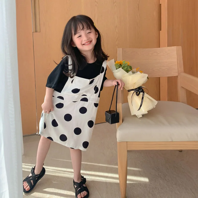 

Back To School Outfits Age For 2 - 8 Years Baby Girls T-Shirts + Strap Dress Kids 2Pcs Sets 2021 New Summer Children Clothes