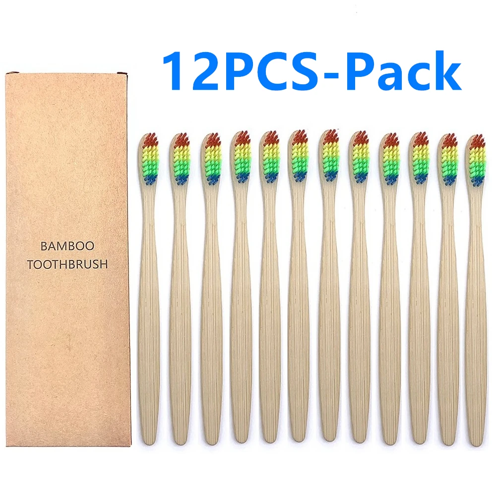 

12 Pcs Bamboo Toothbrush Eco-Friendly Product Vegan Tooth Brush Rainbow Black Wooden Soft Fibre Adults Travel Set For Oral Care