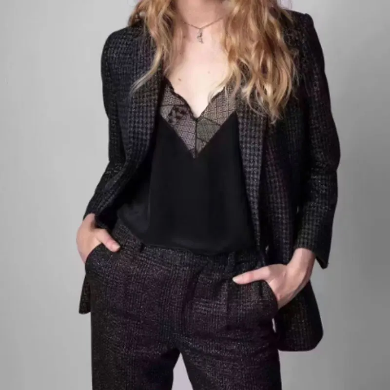 

Women suit set Single button blazer coat + Straight-leg pants casual fashion Top quality Gold wire suit set autumn winter new