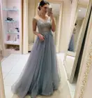 Женское кружевное вечернее платье, серое плиссированное платье в пол, трапециевидного силуэта, украшенное кристаллами, для особых случаев, 2020