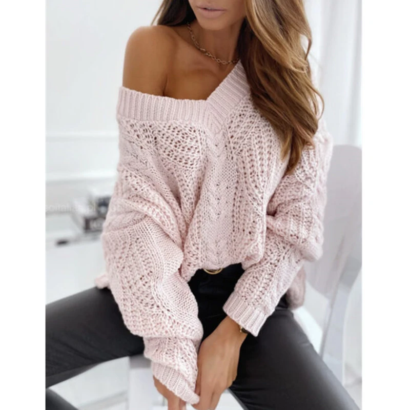 

Women Solid Hollow Out Ribbed Knitted Sweater 2020 Autumn Winter V Neck Tops Casual Female Long Sleeve Loose Pullover Sweater