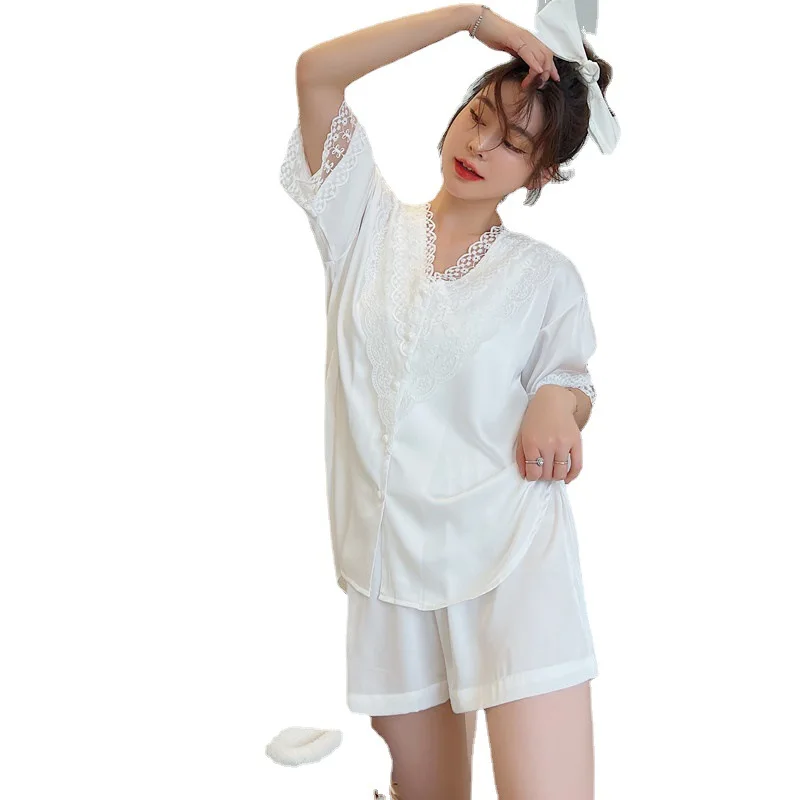 

2021 Summer New Pajamas Set Women Sleepwear Satin 2PCS Shirt&Shorts Casual Lounge Wear With Lace Soft Home Clothes Nightwear