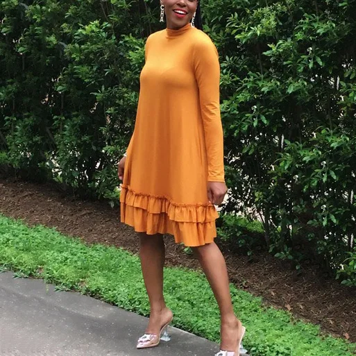 

2020 New Autumn African Dresses For Women Traditional Plus Size Long Sleeve Straight Mid Calf Falbala Fashion Work Office Cloth