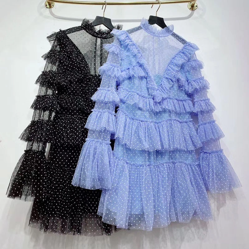 

TWOTWINSTYLE Sexy Mesh Party Dresses Female Stand Collar Flare Long Sleeve High Waist Ruffles Dot Dress Women Fashion 2021 Tide