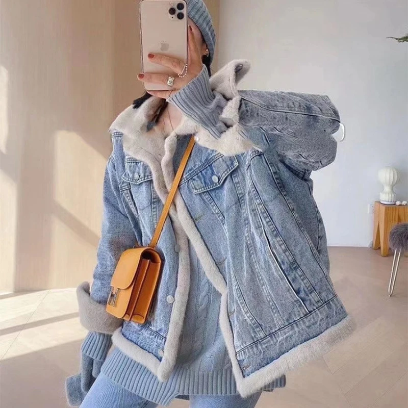 

Women's Light Blue Warm Jeans Jackets Black Casual Denim Coats New Women Outerwear Winter Wool Liner Thicker Warm Denim Jackets