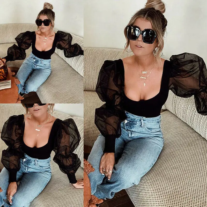 Женский комбинезон с длинным рукавом и буффами однотонный черный повседневный